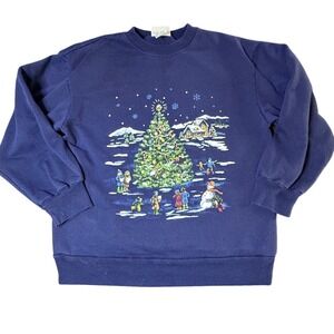 Vintage Christmas Sweatshirt Holiday Tree Graphic Crew Neck Large Ice Skating